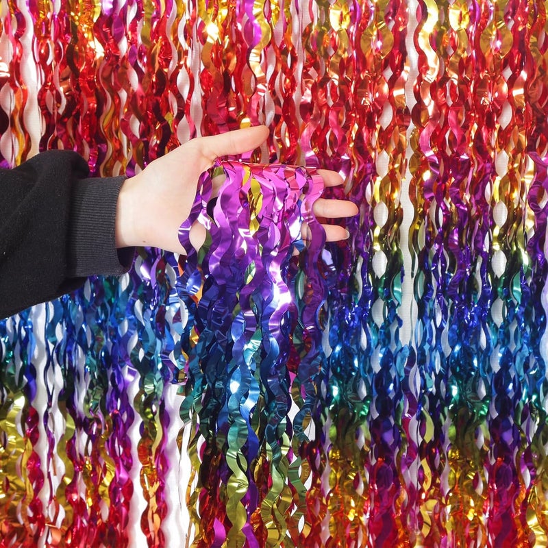 KEEUH 4 Pack Wavy Rainbow Foil Fringe Curtain | 3.3x6.6ft Colorful Tinsel Metallic Streamers Holiday Photo Booth Props Backdrop for Engagement Bridal Shower Unicorn Party Decorations - Image 1